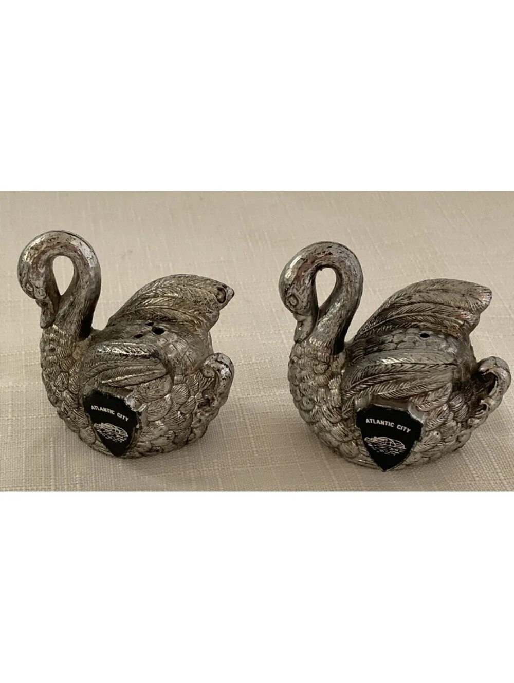 Vintage Deco Swan Silver Tone Plastic  Salt & Pepper Shakers Set “Atlantic City”